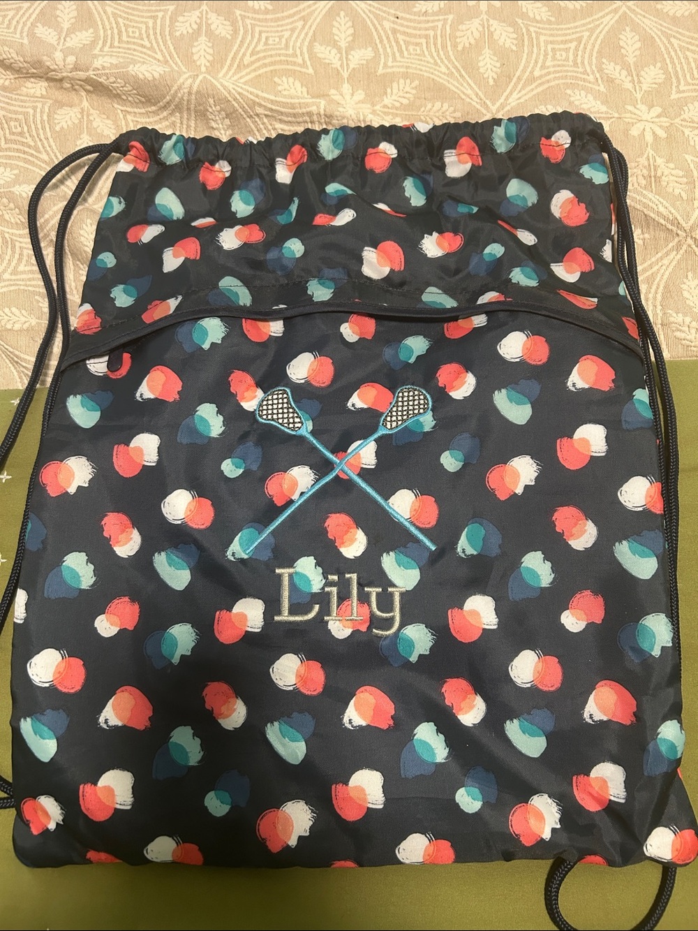 Thirty-One navy cinch sac - personalized w/ “Lily” & lacrosse sticks